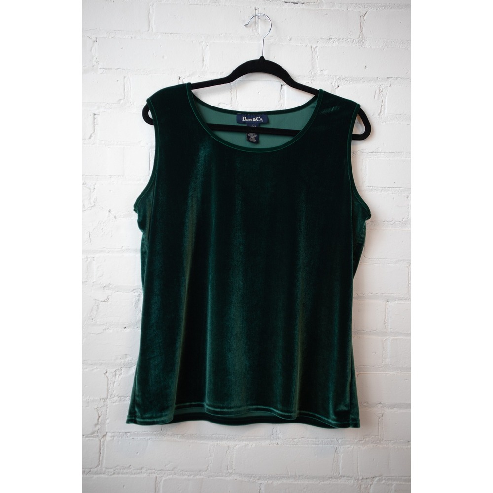 Denim & Co Womens Velvet Sleeveless Top Hunter Green Scoop Neck Tank Large